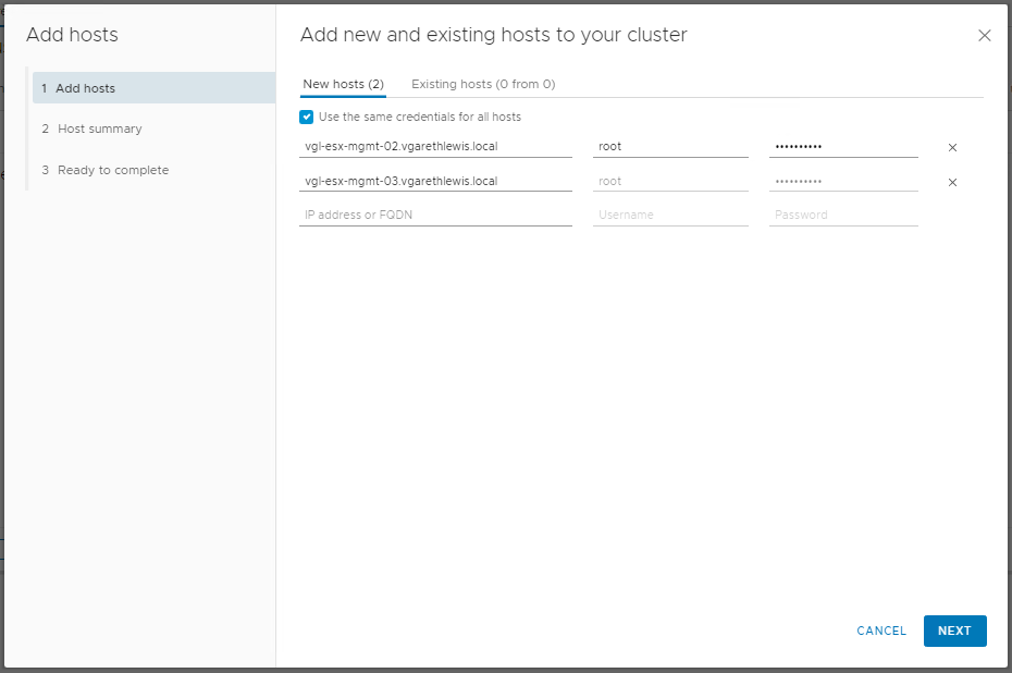 Stage 3 - Cluster Quickstart - Add Hosts and Configure vSAN Cluster